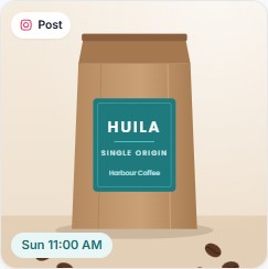 Instagram post of a coffee bag scheduled for Sun 11:00 AM