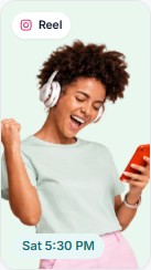Instagram Reel scheduled for Sat 5:30 PM: woman celebrating