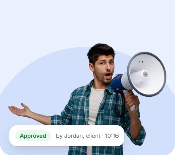 Agency lead with a megaphone, with a card showing a post approved by the client