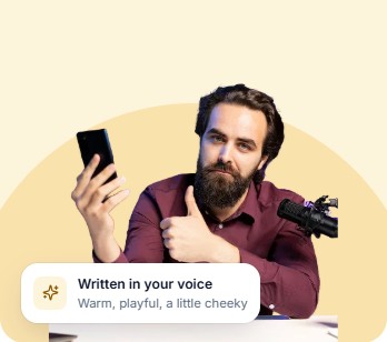Shop owner giving a thumbs up next to a microphone, with a "Written in your voice" card